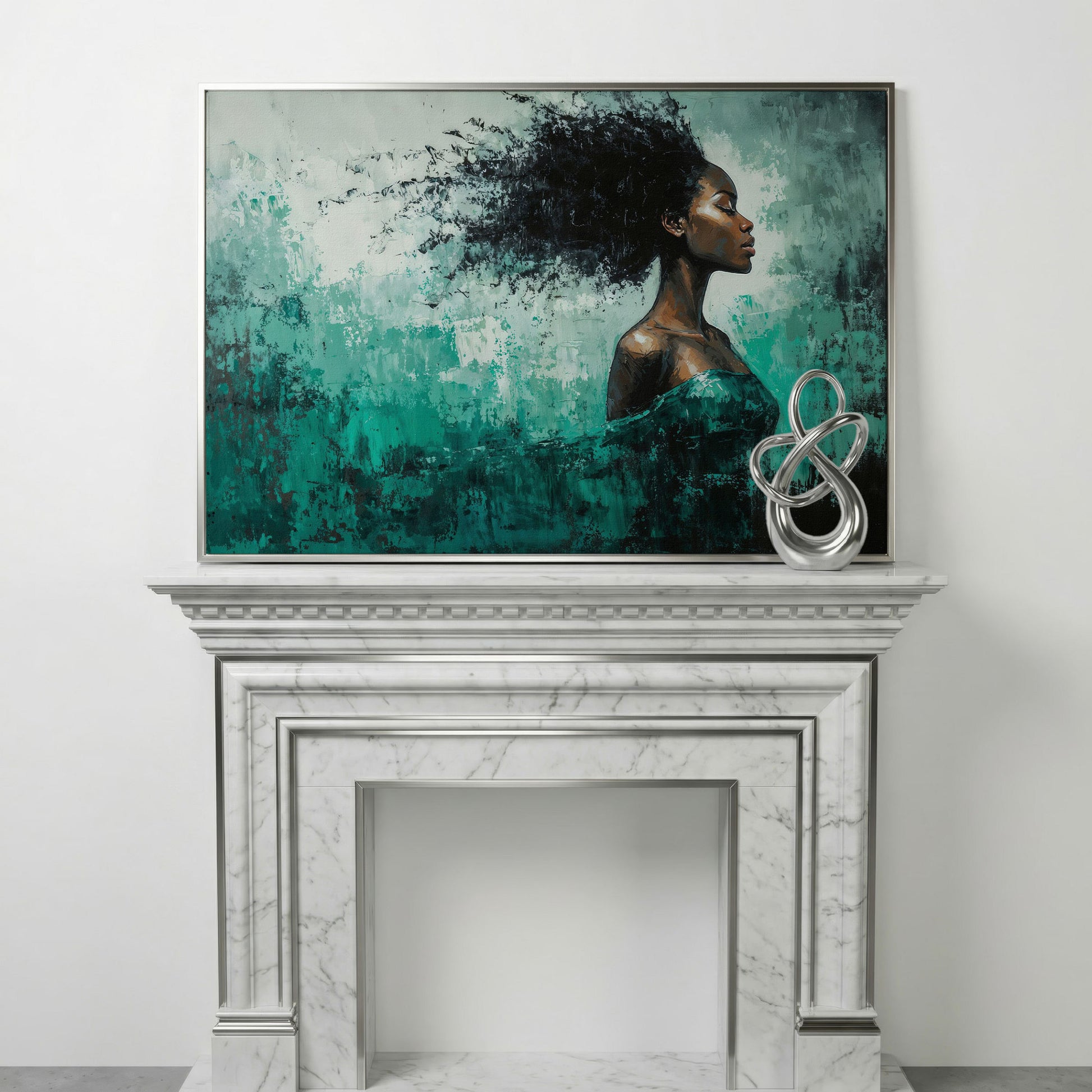 Black Woman in Profile with Emerald Swirl Canvas in silver floating frame