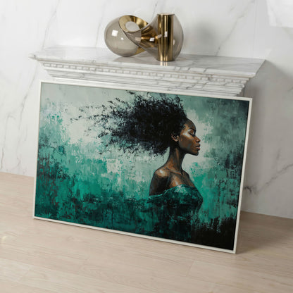 Black Woman in Profile with Emerald Swirl Canvas in white floating frame