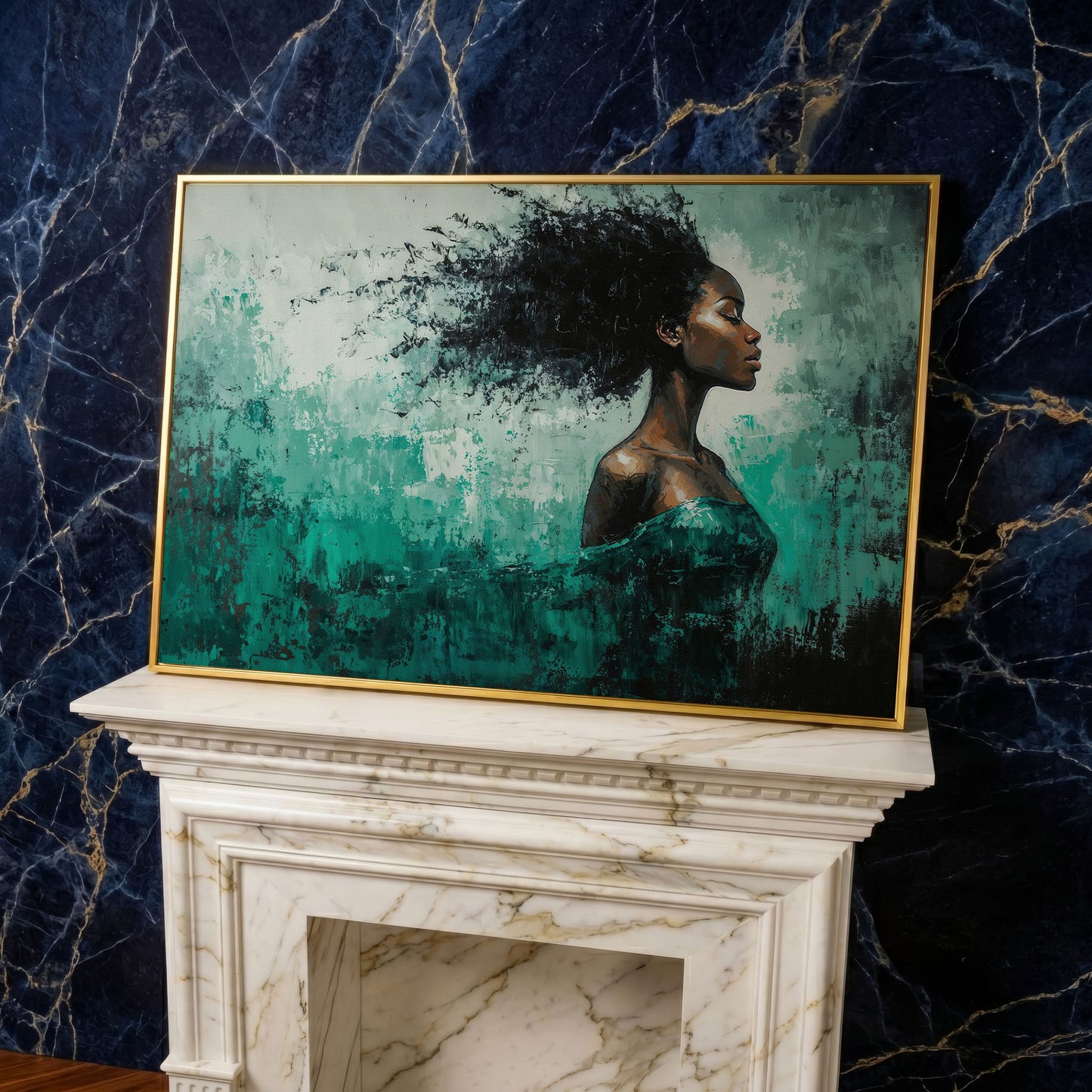 Black Woman in Profile with Emerald Swirl Canvas in yellow gold floating frame