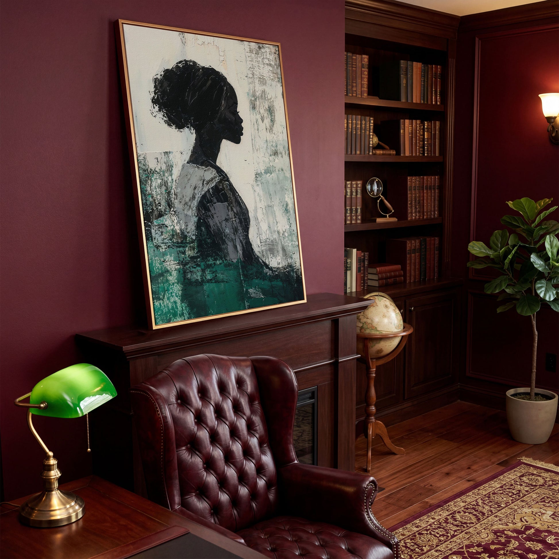 Elegant African American Girl Canvas Print in Emerald in antique gold floating frame