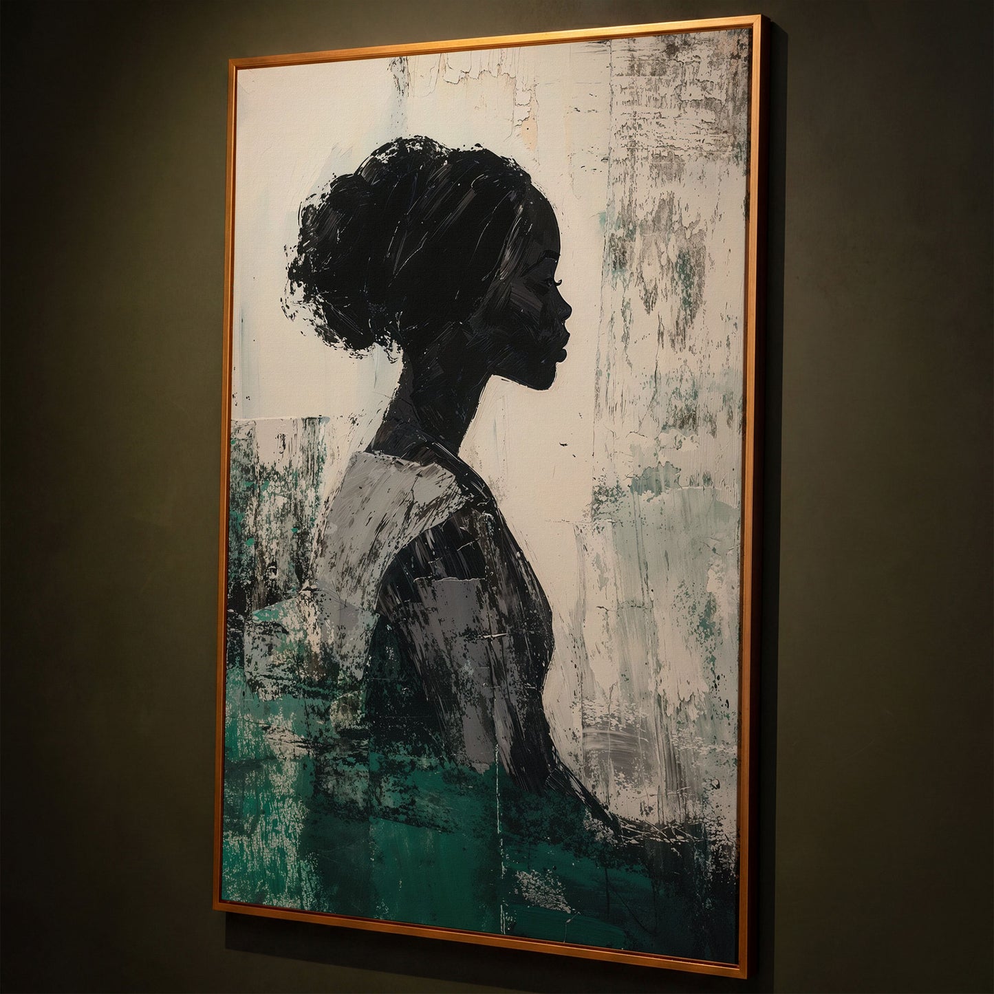 Elegant African American Girl Canvas Print in Emerald shown in antique gold floating frame