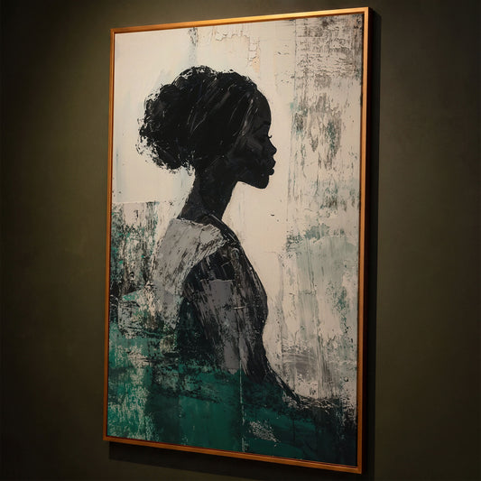 Elegant African American Girl Canvas Print in Emerald shown in antique gold floating frame
