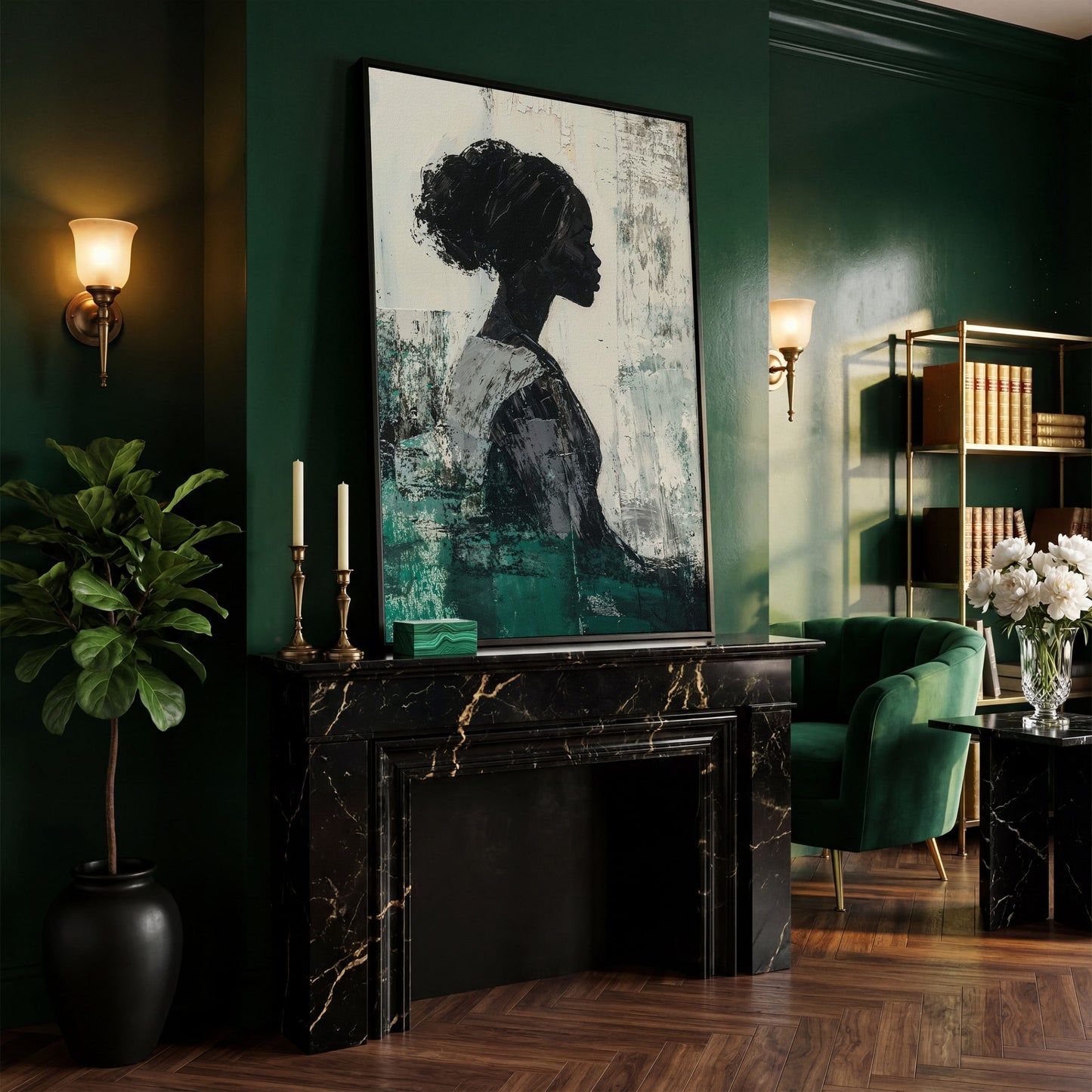 Elegant African American Girl Canvas Print in Emerald in black floating frame