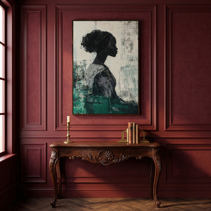 Elegant African American Girl Canvas Print in Emerald in dark walnut floating frame
