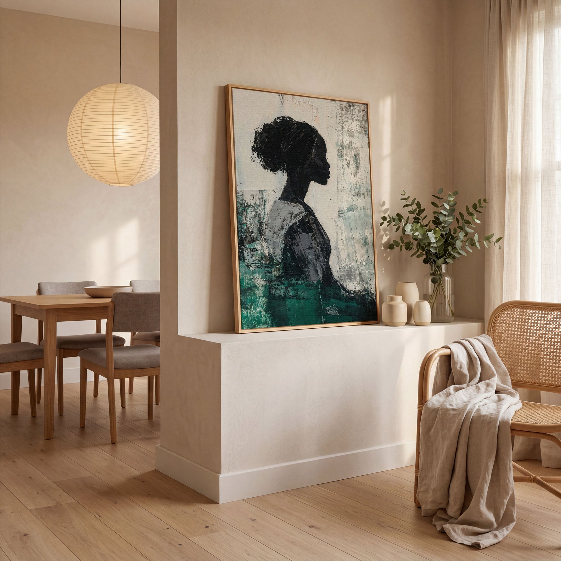 Elegant African American Girl Canvas Print in Emerald in white oak floating frame
