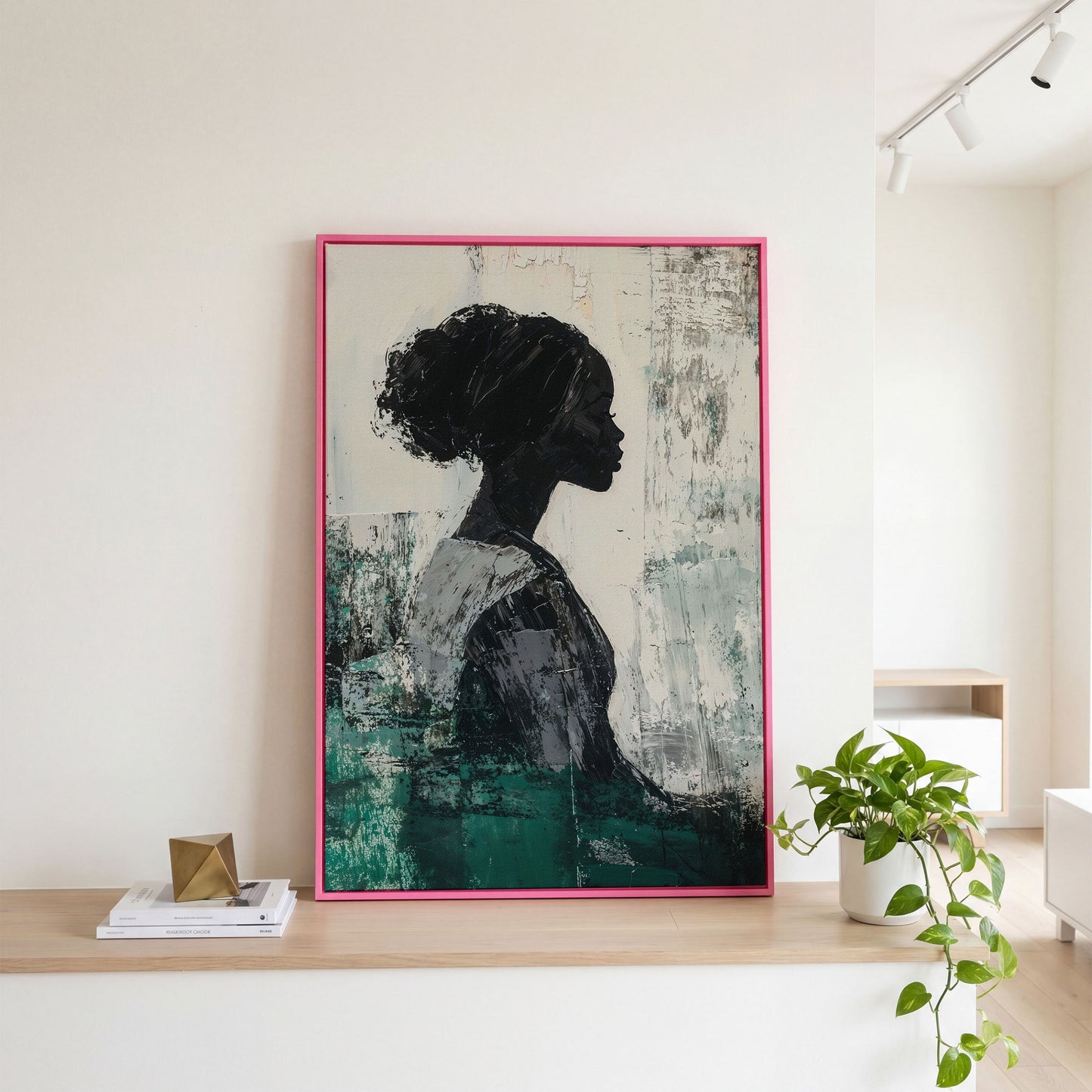 Elegant African American Girl Canvas Print in Emerald in pink floating frame