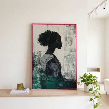 Elegant African American Girl Canvas Print in Emerald in pink floating frame