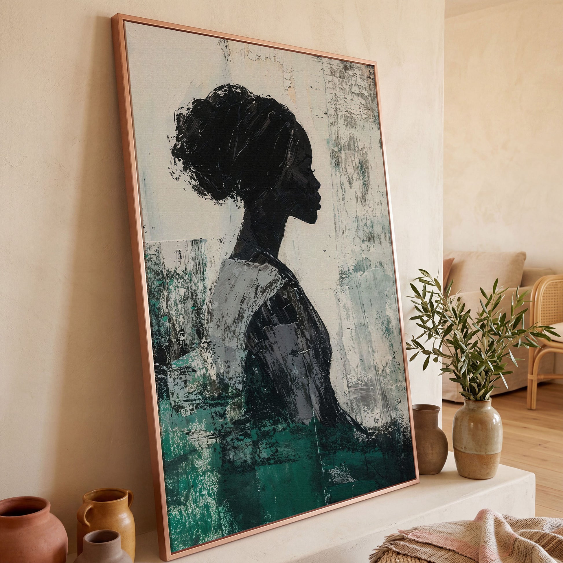 Elegant African American Girl Canvas Print in Emerald in rose gold floating frame