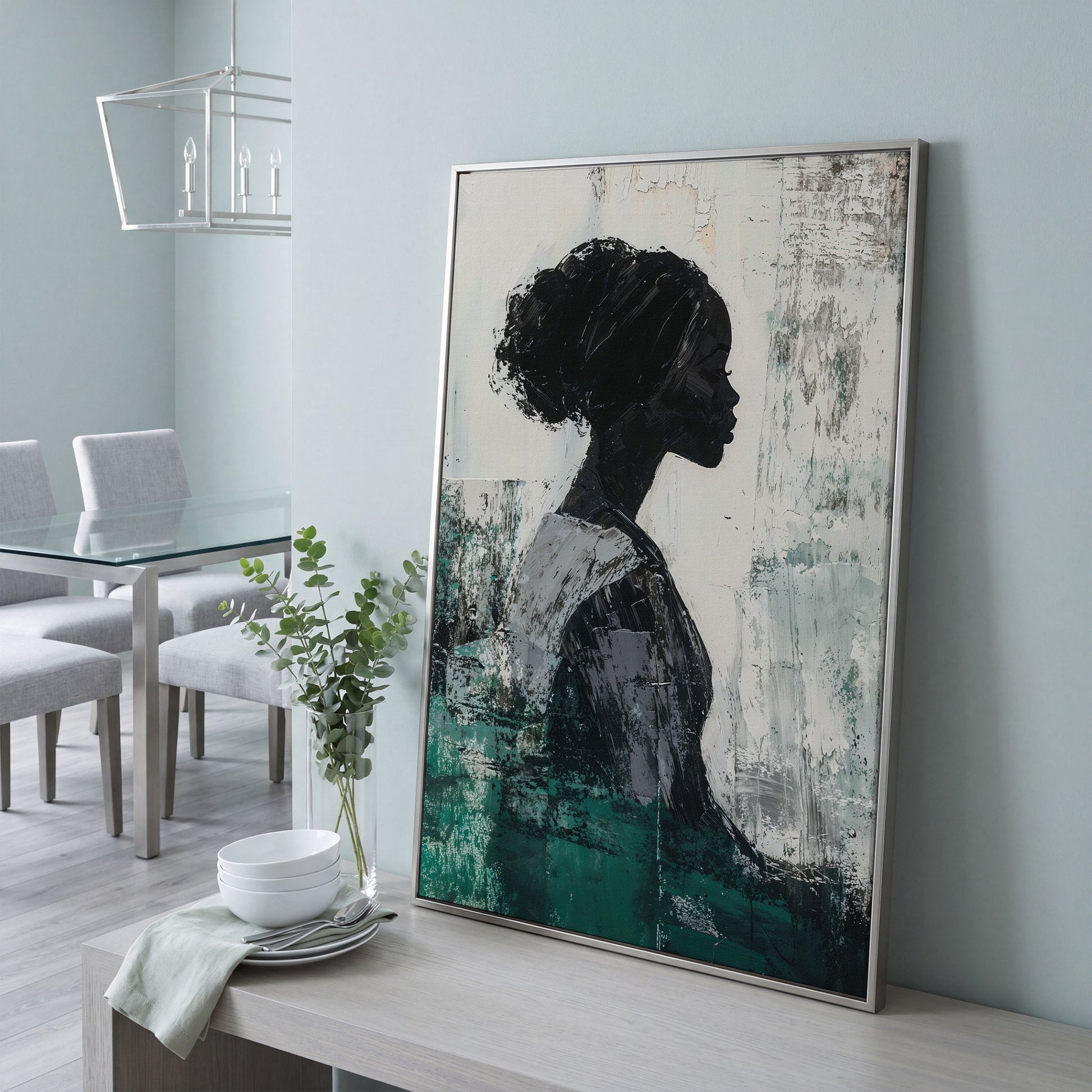 Elegant African American Girl Canvas Print in Emerald in silver floating frame