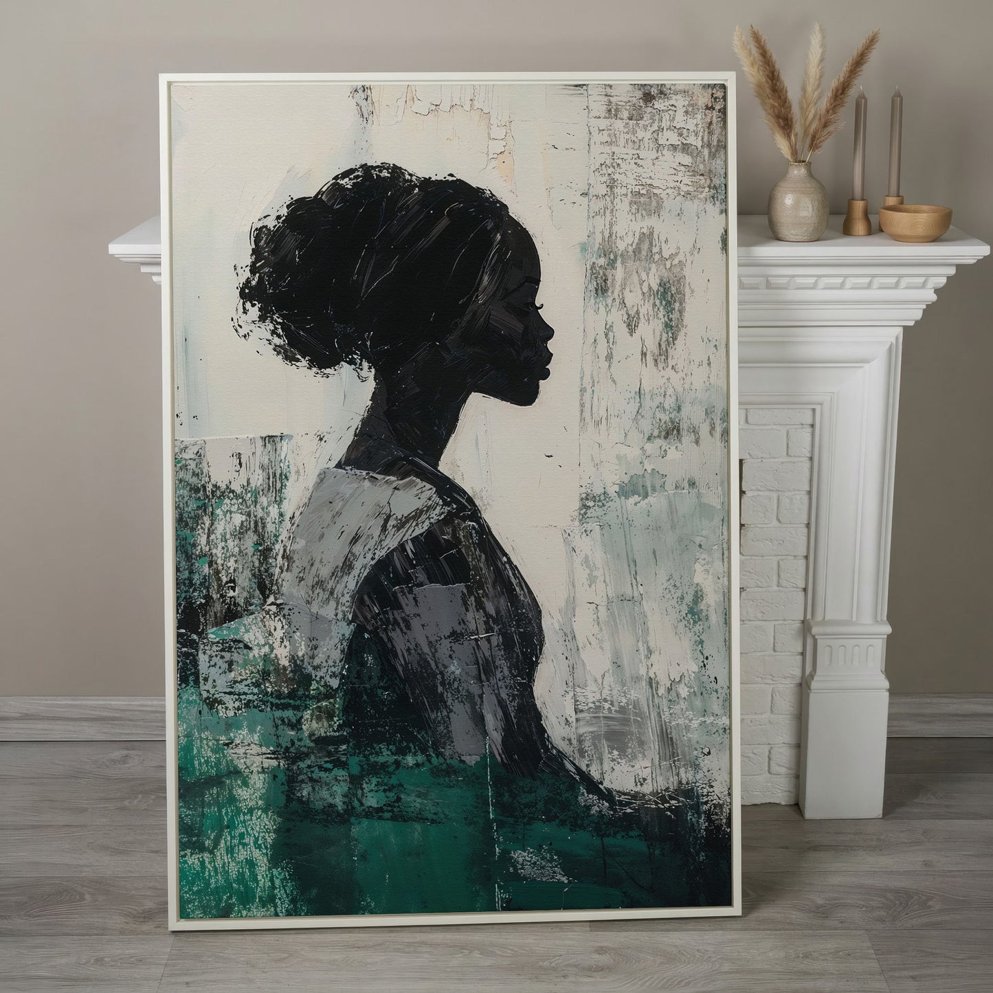 Elegant African American Girl Canvas Print in Emerald in white floating frame