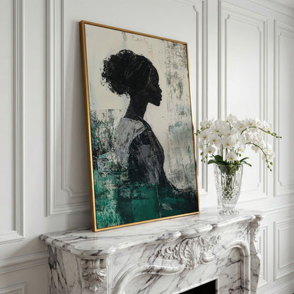 Elegant African American Girl Canvas Print in Emerald in yellow gold floating frame