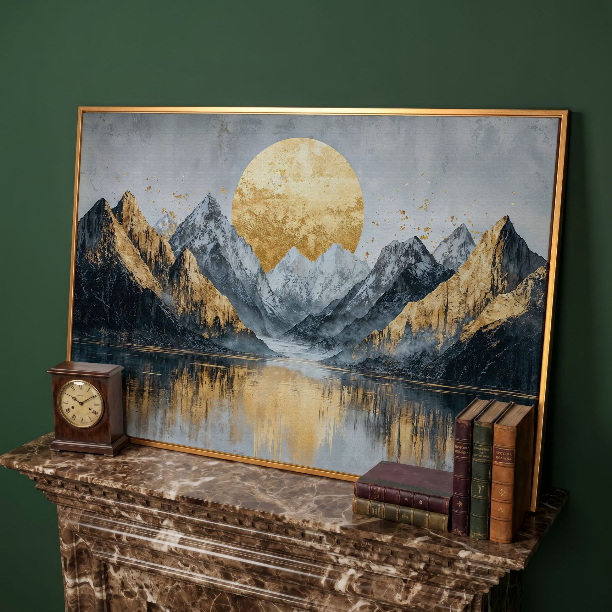 Mountain Landscape with Golden Full Moon Canvas in antique gold floating frame