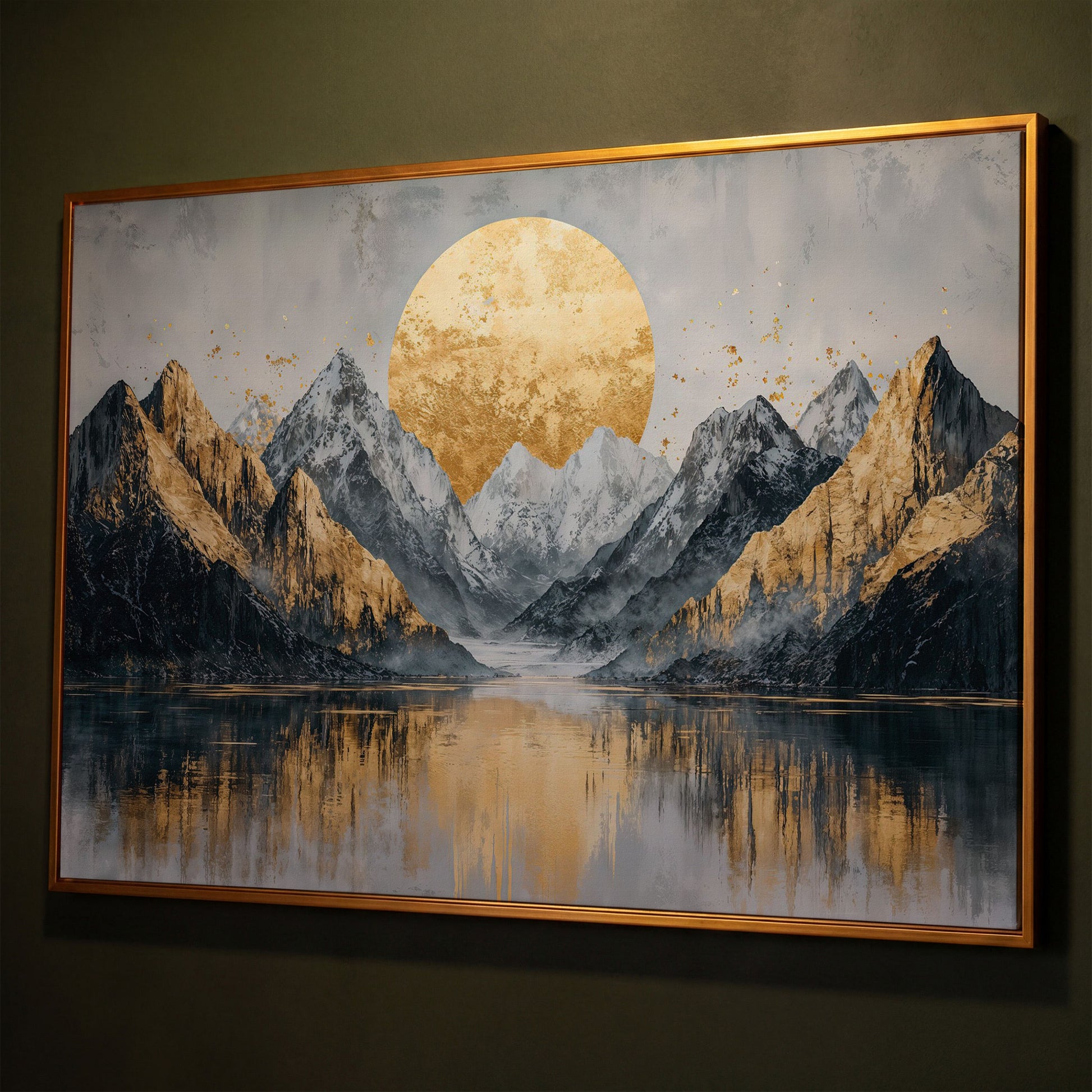 Mountain Landscape with Golden Full Moon Canvas shown in antique gold floating frame