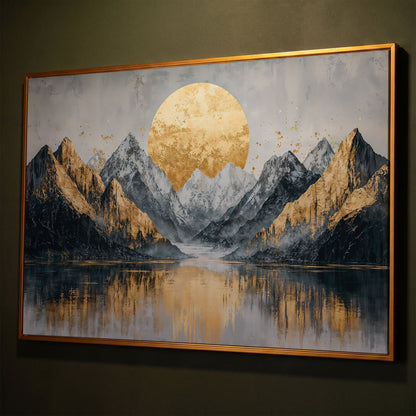 Mountain Landscape with Golden Full Moon Canvas shown in antique gold floating frame