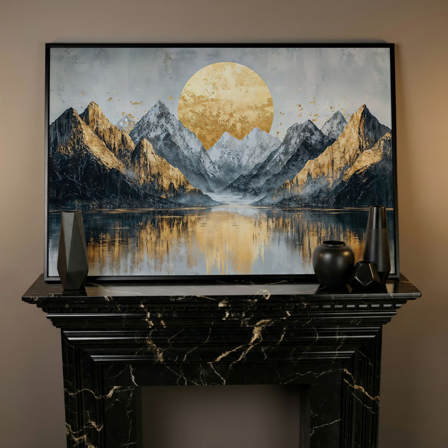 Mountain Landscape with Golden Full Moon Canvas in black floating frame