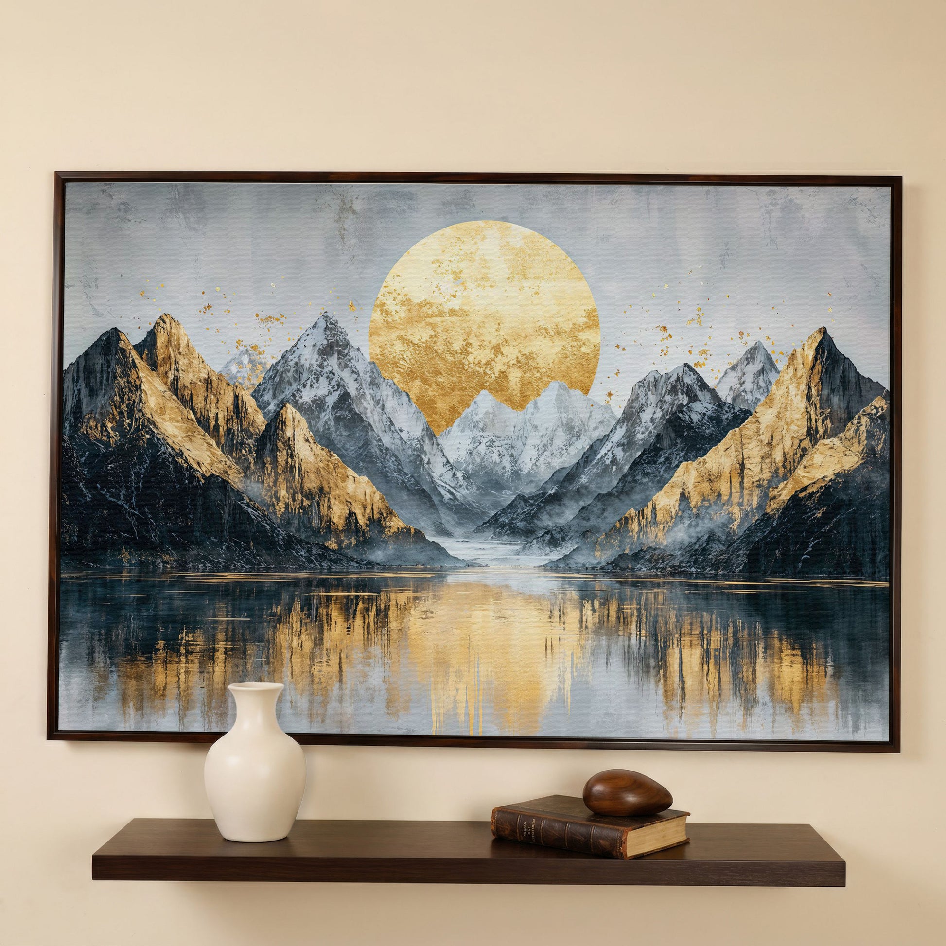 Mountain Landscape with Golden Full Moon Canvas in dark walnut floating frame