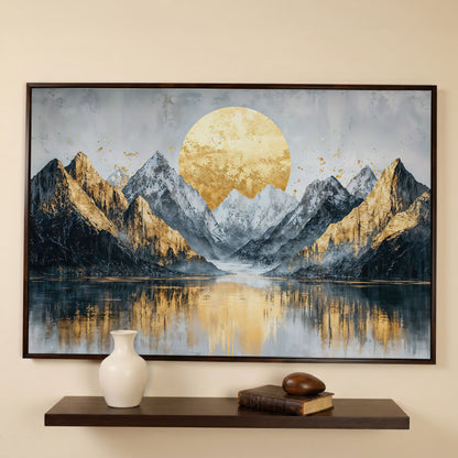 Mountain Landscape with Golden Full Moon Canvas in dark walnut floating frame
