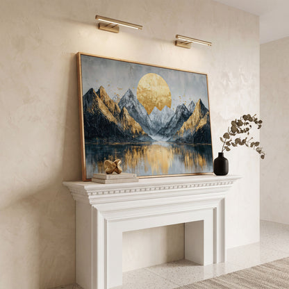 Mountain Landscape with Golden Full Moon Canvas in white oak floating frame