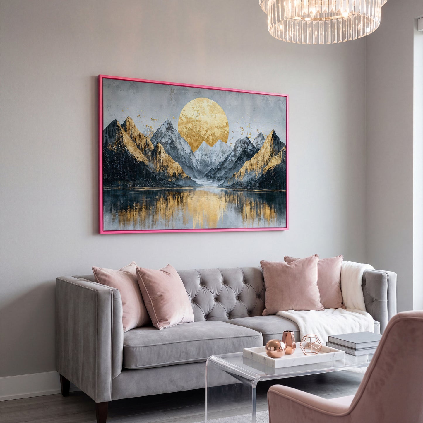 Mountain Landscape with Golden Full Moon Canvas in pink floating frame