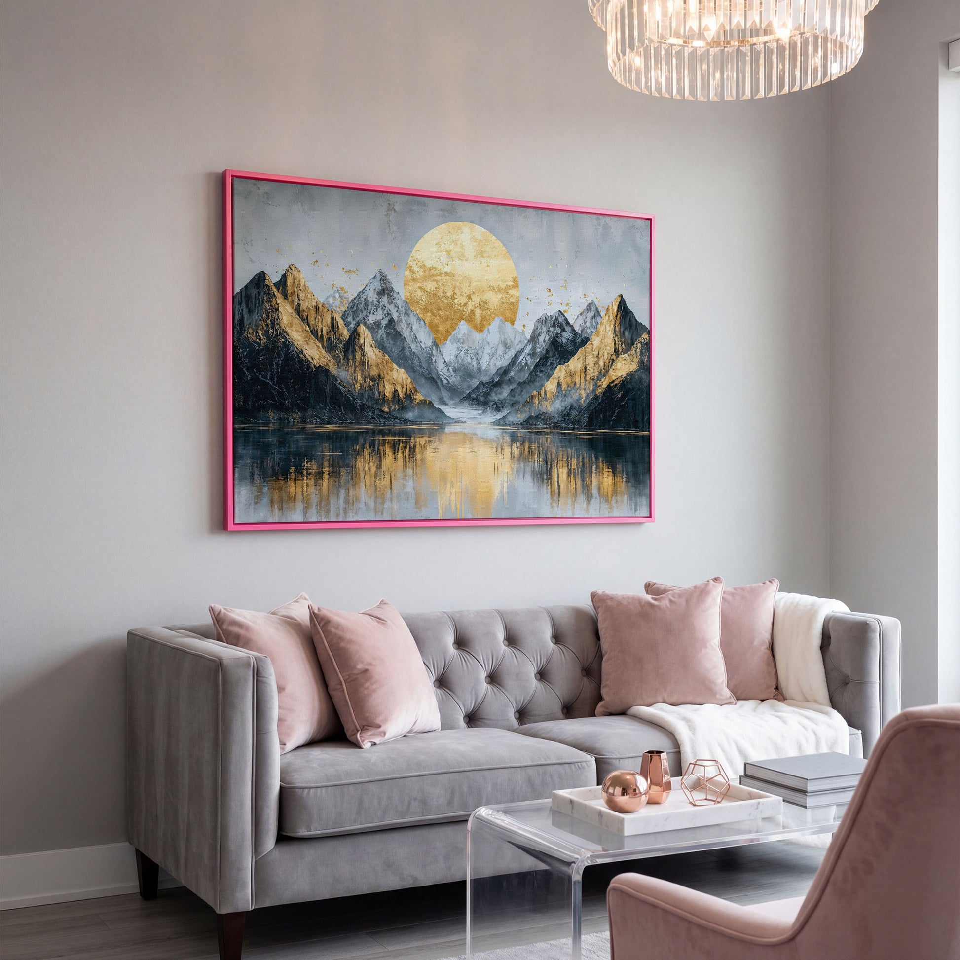 Mountain Landscape with Golden Full Moon Canvas in pink floating frame
