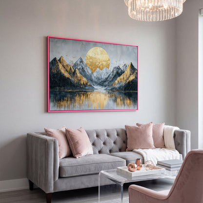 Mountain Landscape with Golden Full Moon Canvas in pink floating frame