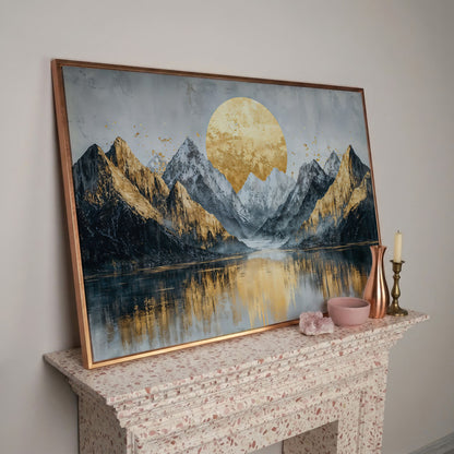 Mountain Landscape with Golden Full Moon Canvas in rose gold floating frame