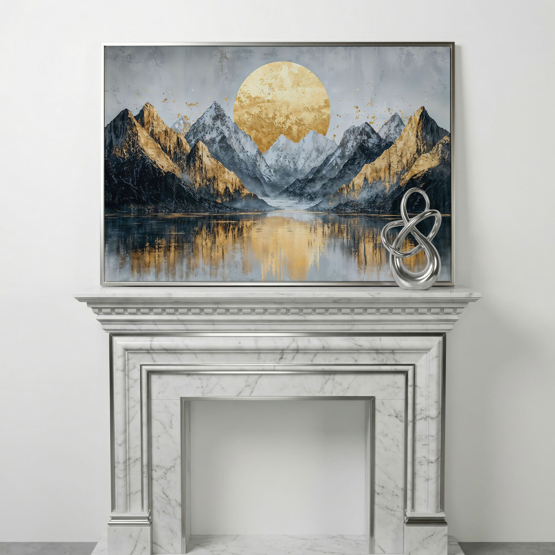 Mountain Landscape with Golden Full Moon Canvas in silver floating frame