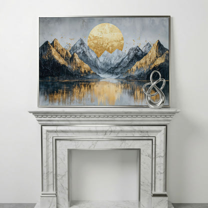 Mountain Landscape with Golden Full Moon Canvas in silver floating frame