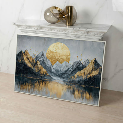 Mountain Landscape with Golden Full Moon Canvas in white floating frame