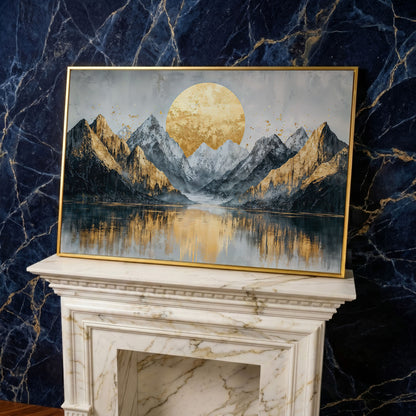 Mountain Landscape with Golden Full Moon Canvas in yellow gold floating frame