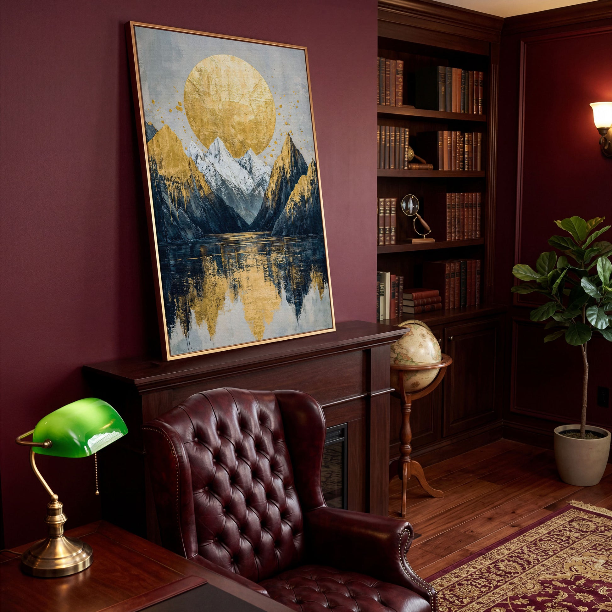 Mountain Lake with Golden Sun Canvas Print in antique gold floating frame