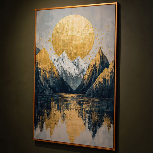 Mountain Lake with Golden Sun Canvas Print shown in antique gold floating frame