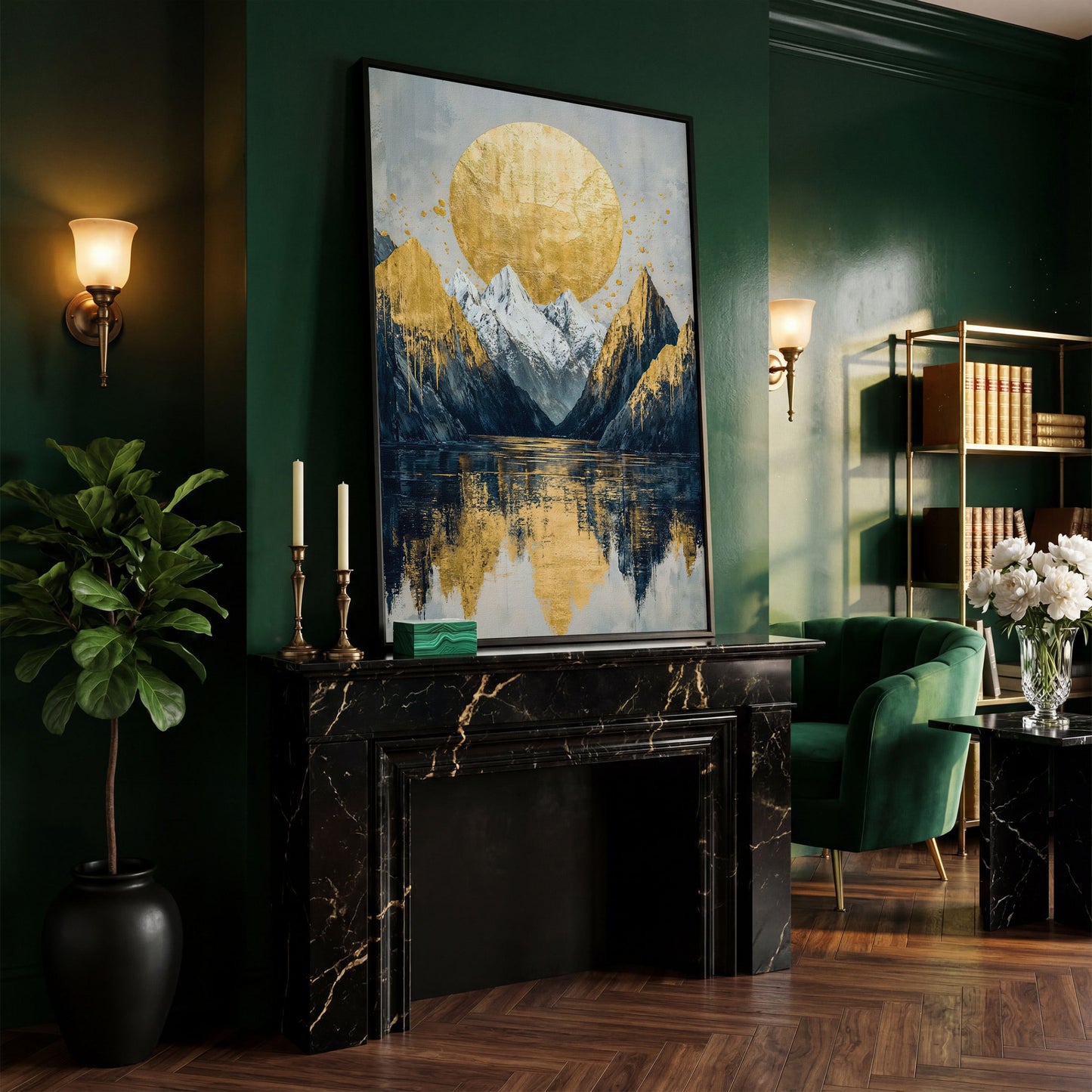 Mountain Lake with Golden Sun Canvas Print in black floating frame