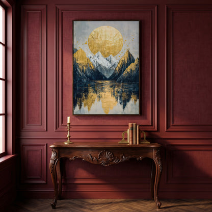 Mountain Lake with Golden Sun Canvas Print in dark walnut floating frame