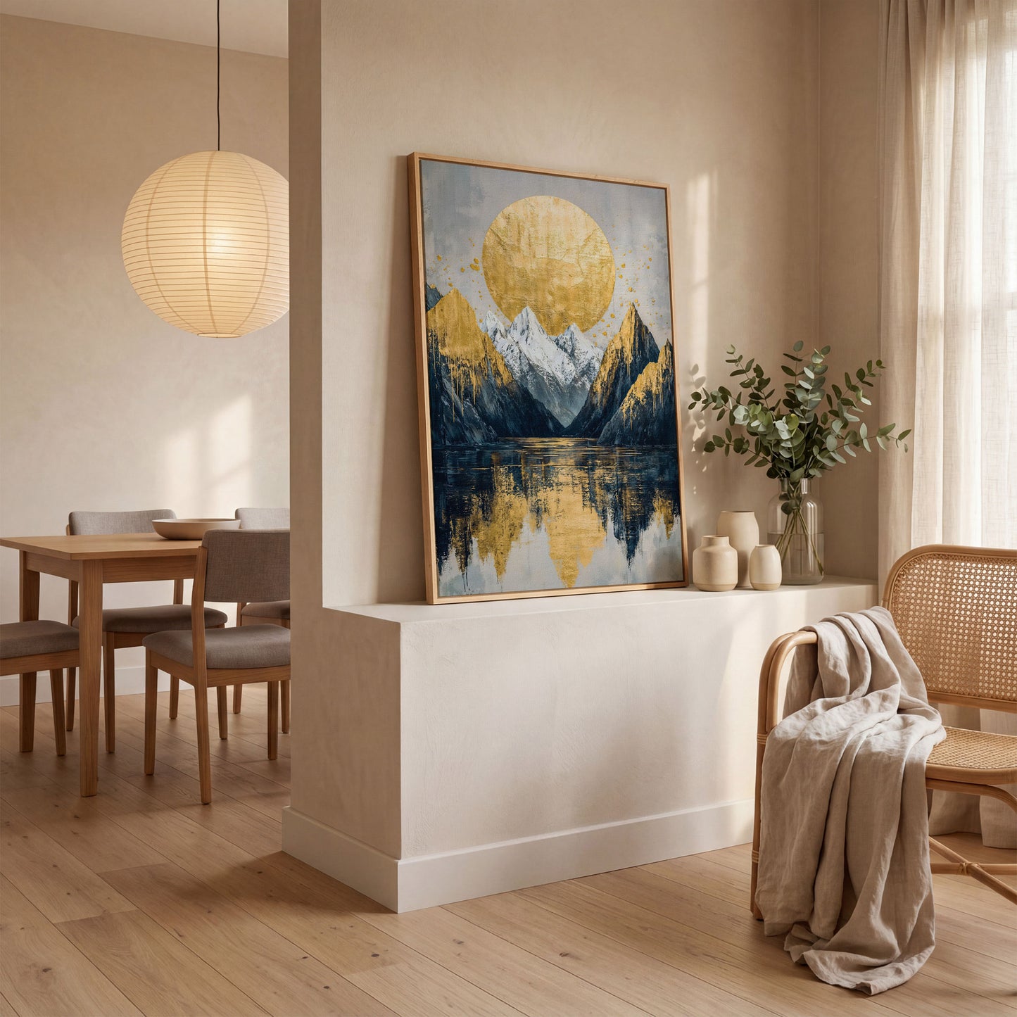 Mountain Lake with Golden Sun Canvas Print in white oak floating frame