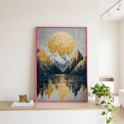 Mountain Lake with Golden Sun Canvas Print in pink floating frame