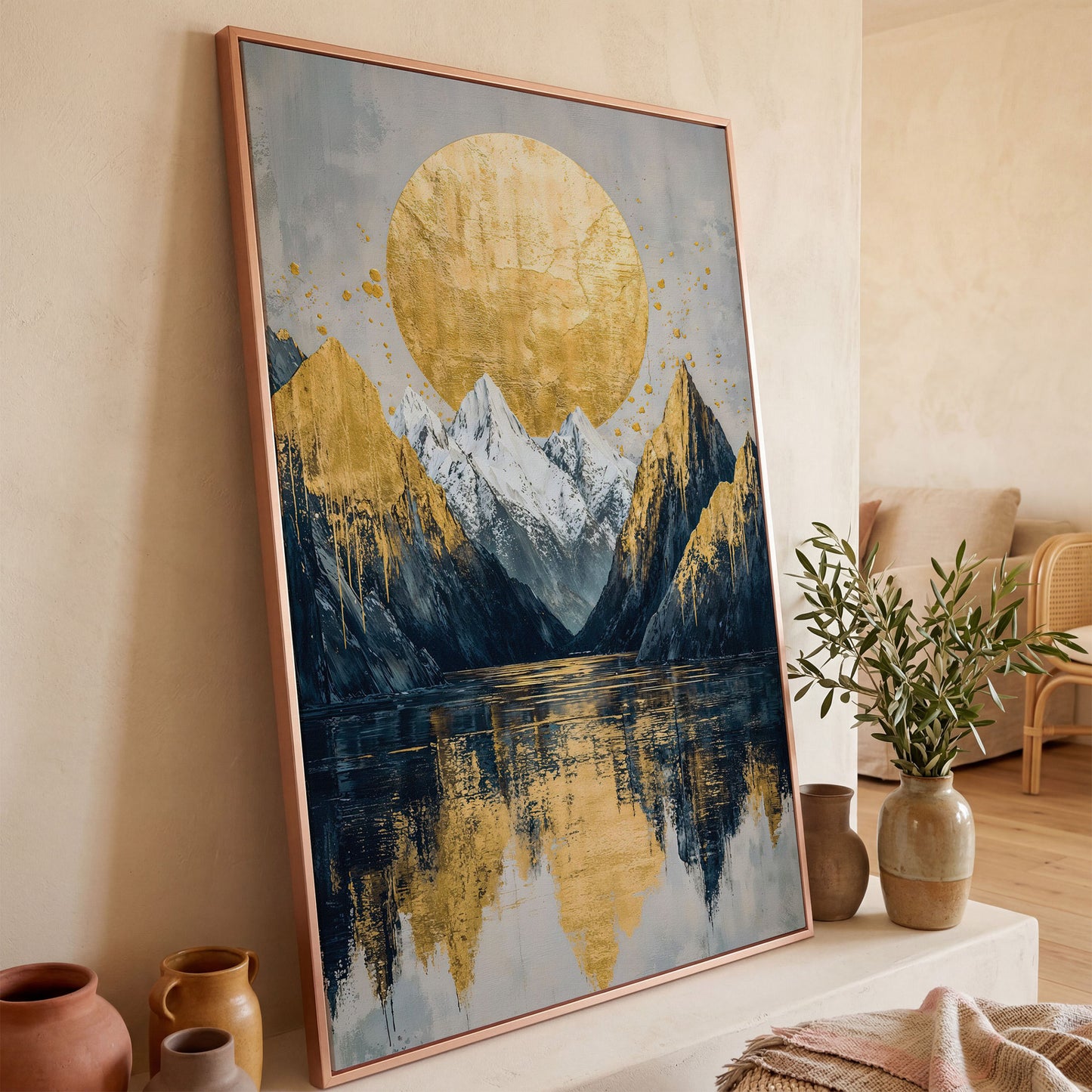 Mountain Lake with Golden Sun Canvas Print in rose gold floating frame