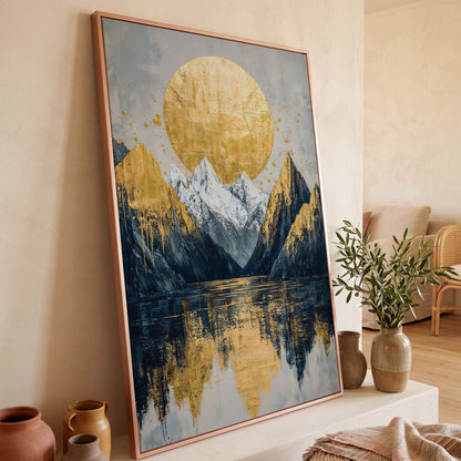 Mountain Lake with Golden Sun Canvas Print in rose gold floating frame