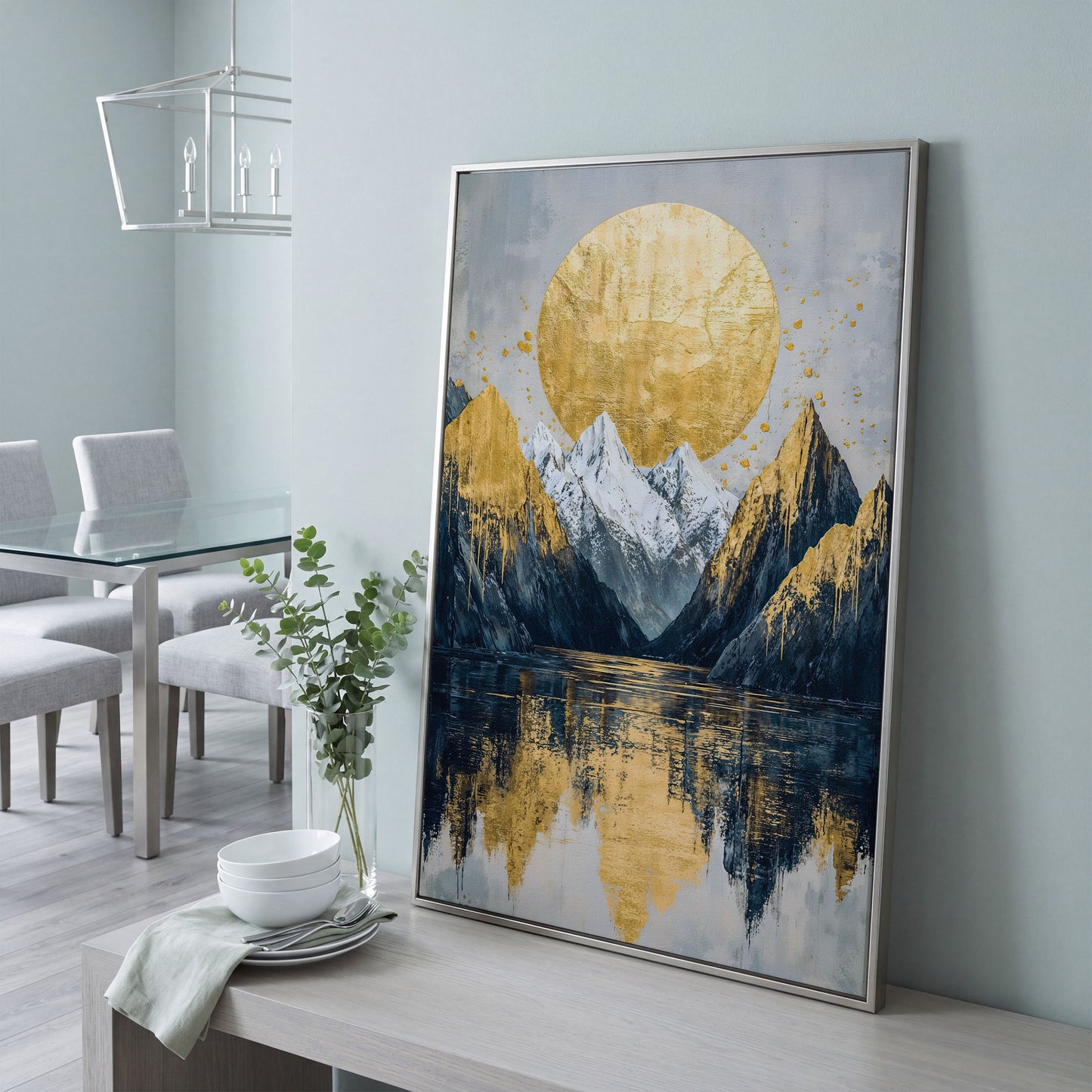 Mountain Lake with Golden Sun Canvas Print in silver floating frame
