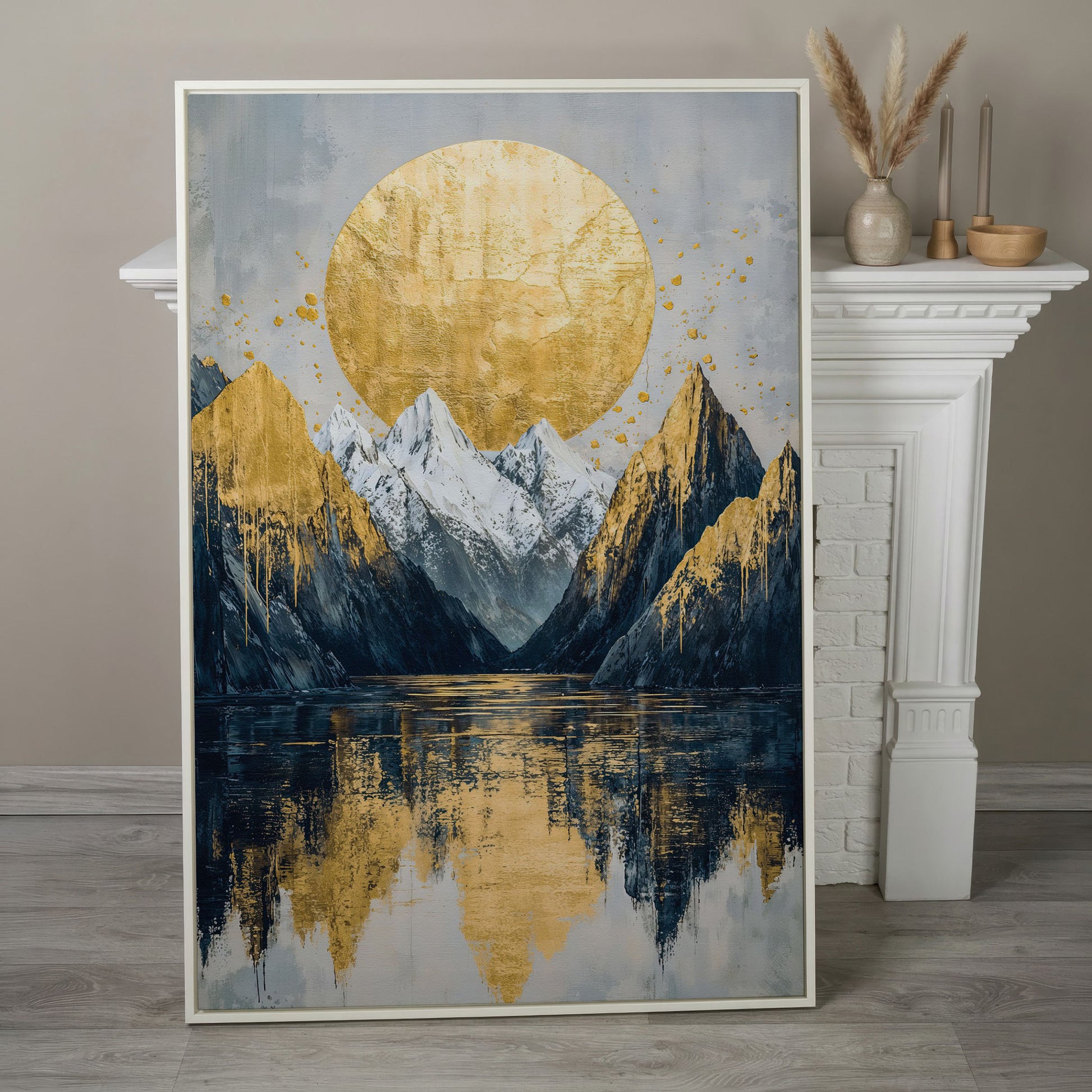 Mountain Lake with Golden Sun Canvas Print in white floating frame