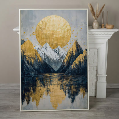 Mountain Lake with Golden Sun Canvas Print in white floating frame