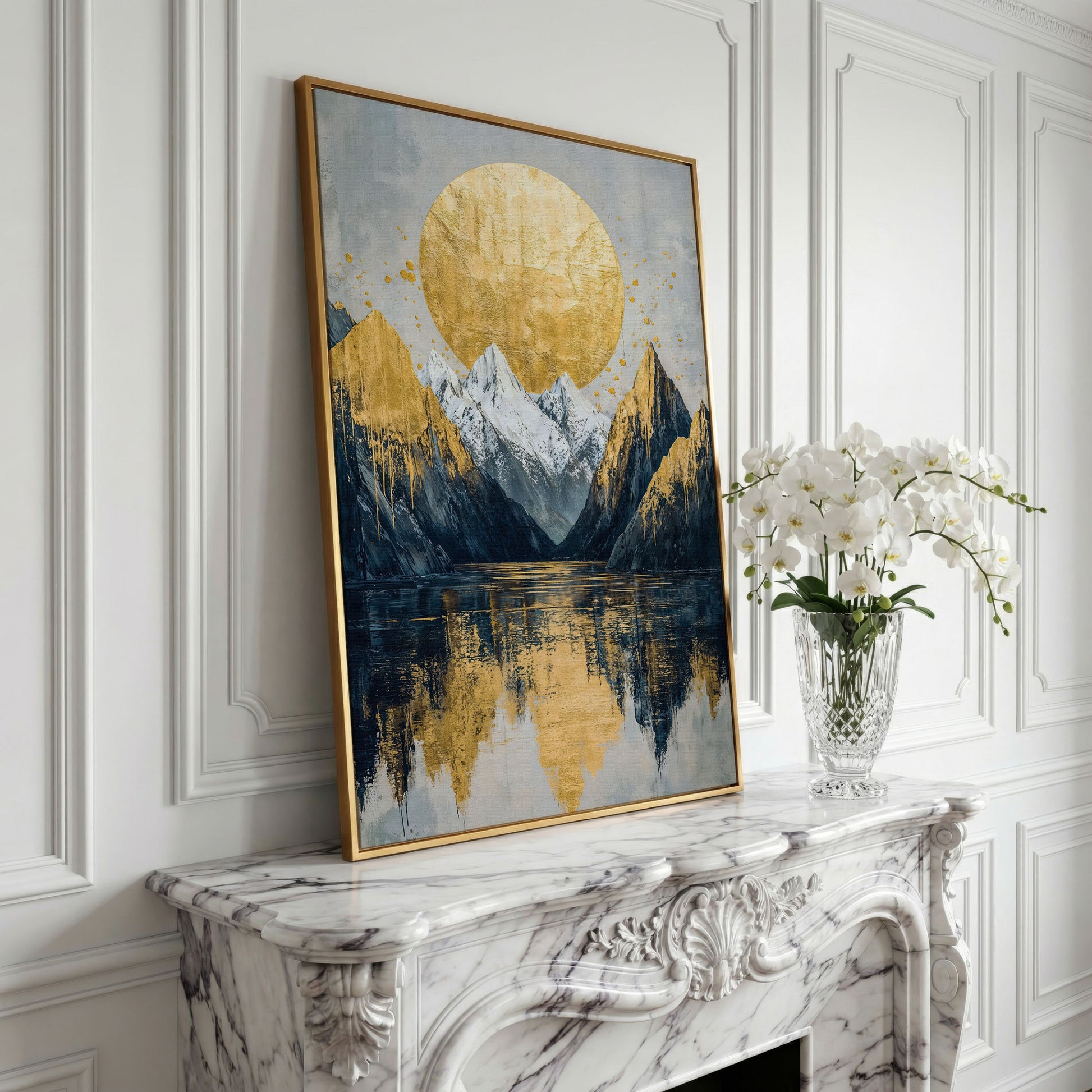 Mountain Lake with Golden Sun Canvas Print in yellow gold floating frame
