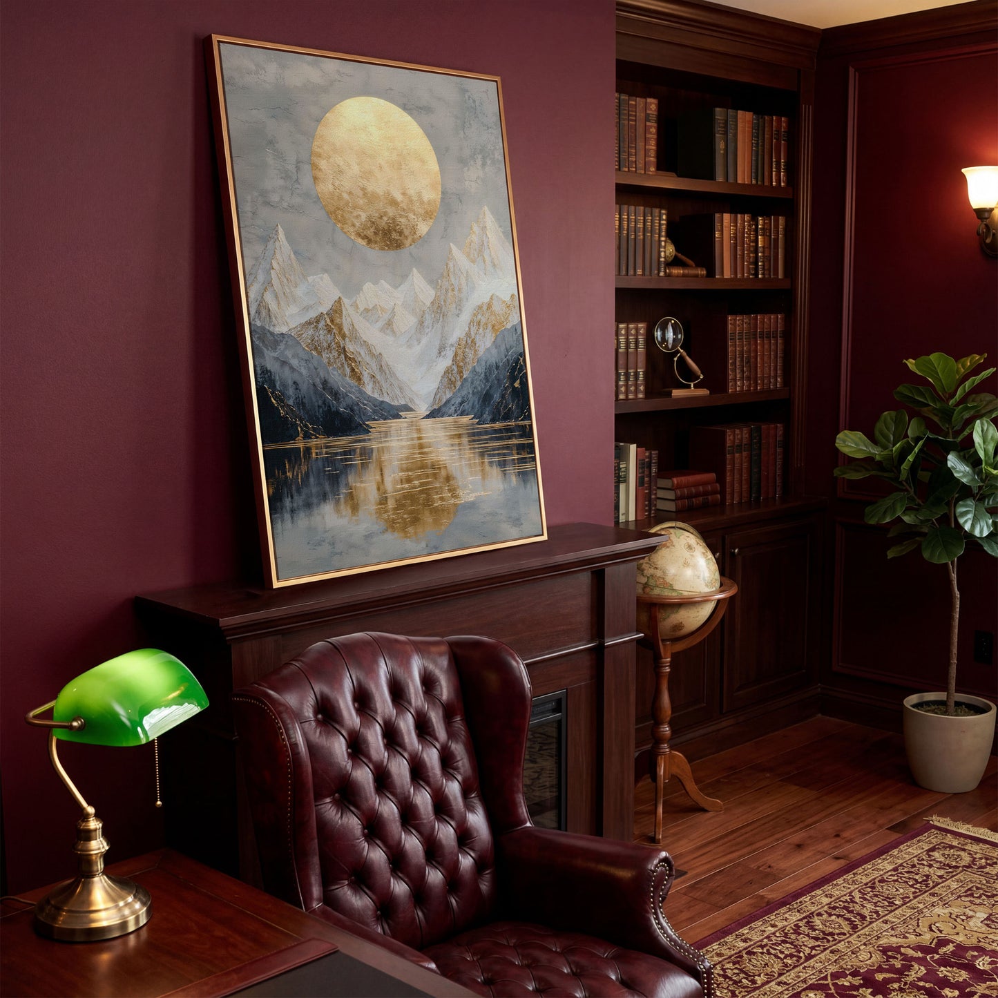 Snowy Mountain with Gold Sun Canvas in antique gold floating frame