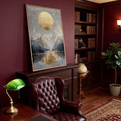 Snowy Mountain with Gold Sun Canvas in antique gold floating frame