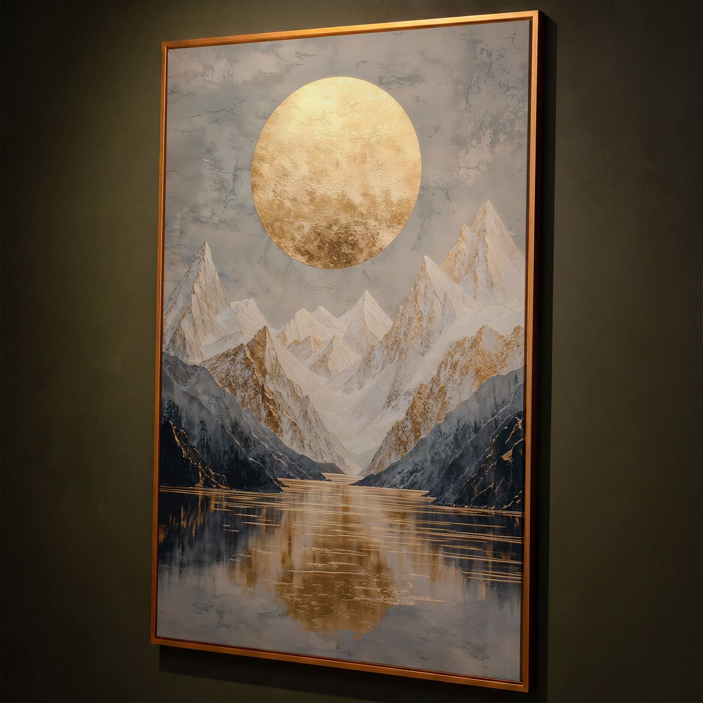 Snowy Mountain with Gold Sun Canvas shown in antique gold floating frame