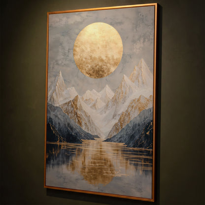 Snowy Mountain with Gold Sun Canvas shown in antique gold floating frame