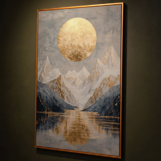 Snowy Mountain with Gold Sun Canvas shown in antique gold floating frame