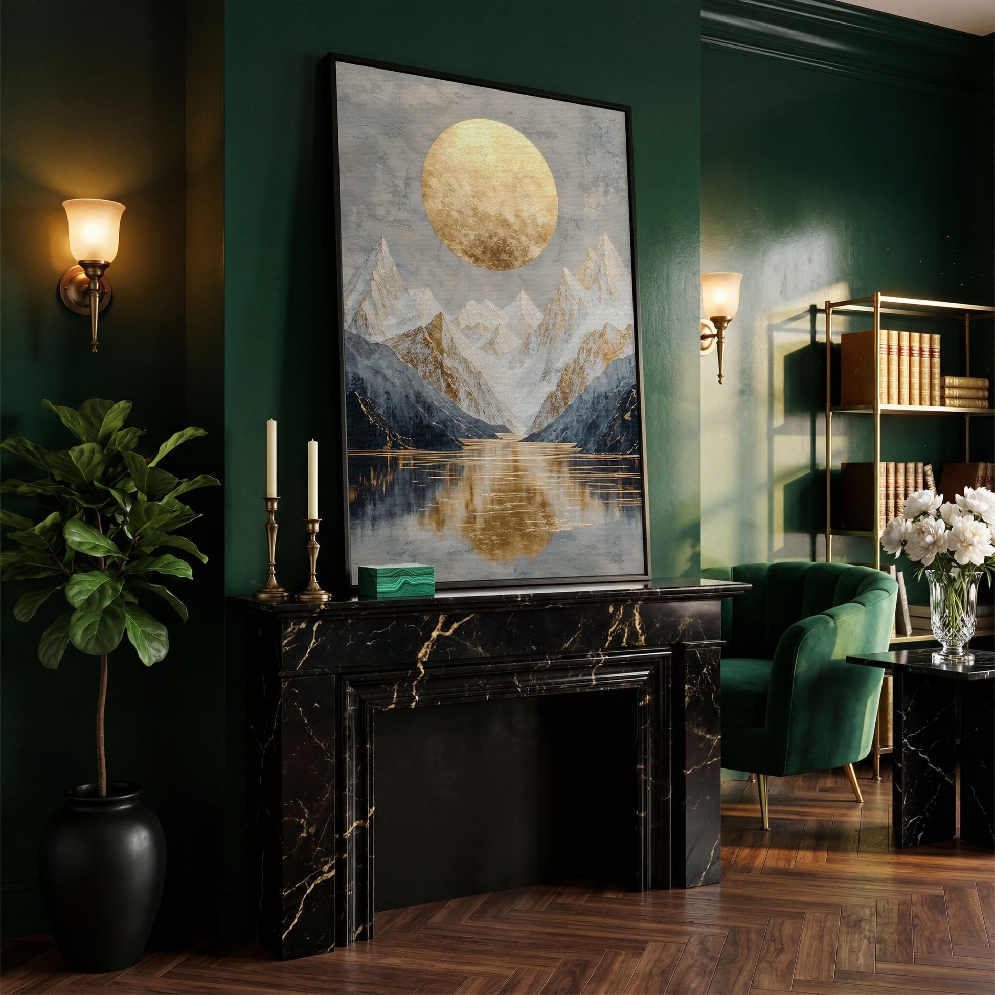 Snowy Mountain with Gold Sun Canvas in black floating frame