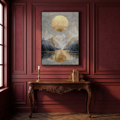 Snowy Mountain with Gold Sun Canvas in dark walnut floating frame
