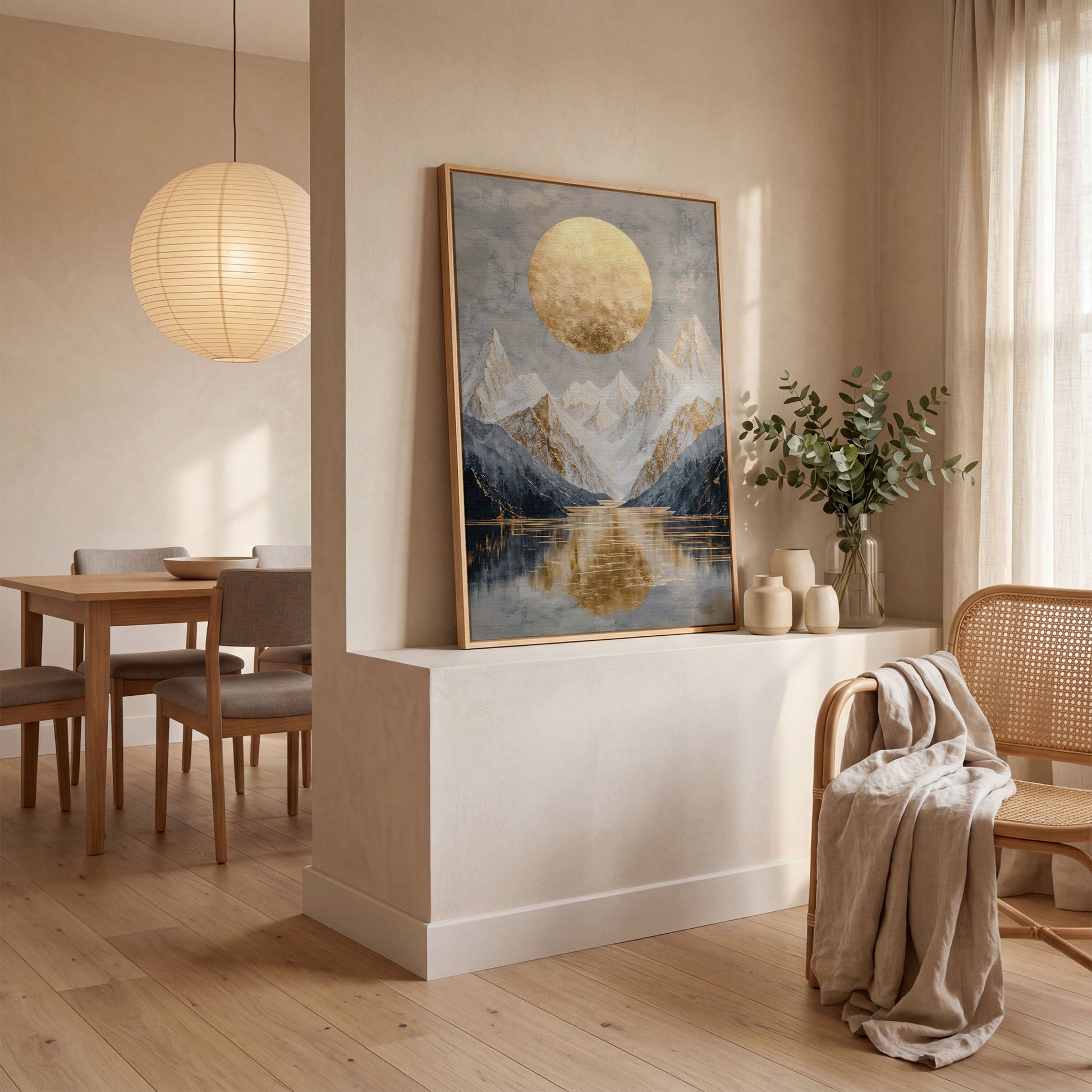 Snowy Mountain with Gold Sun Canvas in white oak floating frame